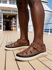 economico Uomini-Scarpe da uomo slip-on in pelle marrone per attività all'aperto – calzature casual per isole e crociere, ideali per viaggi, resort e avventure estive.