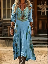 tanie Etniczna sukienka boho-Damskie Sukienka midi Sukienka Boho Zabytkowa sukienka Codzienne sukienki Moda Klasyczny Nowoczesny Codzienny Na zewnątrz Urlop Regularny Kwiaty Długi rękaw W serek Niebieski Czerwony Granatowy