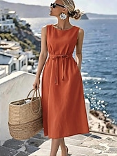 economico Vestiti-Per donna Abito Midi Finto cotone e lino Abito a trapezio Casual Quotidiano Vestibilità regolare Semplice Senza Maniche Girocollo Blu marino Arancione Beige Grigio Estate Primavera