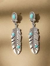 abordables Pendiente de mujer-Pendientes colgantes de hoja turquesa de aleación estilo boho para mujer, pendientes llamativos de plumas de estilo western vintage para uso casual, viajes, vacaciones y estilo resort.