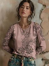 voordelige Boho t-shirt-Dames T-shirt Afdrukken Grafisch Planten Bohemen Vintage Casual Lange mouw Strakke ronde hals Normale tops Dagelijks Weekend Vakantiekleding blauw Zwart Blozend Roze Paars Oranje Zomer Lente Herfst