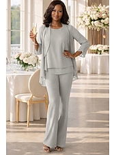 preiswerte Hosenanzüge für Mama-Overall Hosenanzug Bodenlang Brautmutterkleid Dreiviertelarm V Ausschnitt Elegant Hochzeitsgast Chiffon mit Rüschen