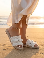 preiswerte Rutschsandalen-Damen Strand Urlaub Quaste Flacher Absatz Runde Zehe Bohemien Urlaub Stoff Loafer Schwarz Gelb Grün