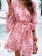 cheap Casual Floral Dresses-Women's Mini Dress Casual Dress Chiffon Dress Floral Dress Elegant Fashion Modern Outdoor Vacation Going out Regular Fit Floral Half Sleeve V Neck Black Pink Green Summer Spring