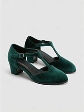 cheap 1950s Retro-Women's Vintage 1950s Red Velvet Mary Jane Shoes - Elegant T-Strap Block Heels with Round Toe for Retro Parties, Holiday Banquets &amp; Classic Daily Fashion