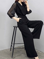 cheap Jumpsuits-Women's Normal Jumpsuit Active Solid Color Long Sleeve Wide Leg V Neck Patchwork Daily Vacation Regular Fit Black Summer