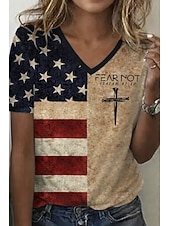  Camiseta patriótica para mujeres del Día de la Independencia gráfica de bandera vintage estilosa clásica de manga corta cuello redondo cuello en V tops regulares diario impresión azul verano
