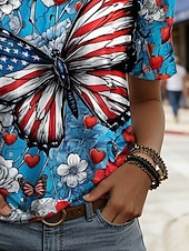  Amerikanischer Unabhängigkeitstag Damen T Shirt T-Shirt Grafik Schmetterling Stilvoll Klassisch Lässig Kurzarm Rundhalsausschnitt Normale Oberteile Täglich Ausgehen Wochenende Blau Sommer Frühling