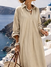 cheap Dresses-Women's Long Dress Maxi Dress Linen-feel Dresses Faux Cotton Linen Shift Dress Shirt Dress Stylish Casual Daily Vacation Date Regular Fit Plain Long Sleeve Lapel Black Wine Khaki Army Green Summer