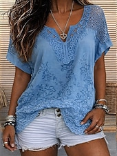 billiga Spets toppar-Dam Blus Spets Ensfärgat Stylish Ledigt Kortärmad V-hals Vanliga toppar Dagligen Blå Svart Vit Orange Grå Sommar Vår Höst