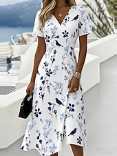 baratos Vestidos de Férias-Mulheres Vestido midi Vestido casual Vestido Swing Vestido A Line Vestido floral Vintage Moda Moderno Ao ar livre Férias Para Noite Normal Floral Manga Curta Decote V Azul Preto Verão Primavera