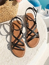 preiswerte Flache Sandalen-Minimalistische braune Riemchensandalen für Damen – bequeme, flache Gladiatorensandalen im griechischen Stil mit Knöchelriemen für Strandurlaub und Sommerreisen auf die Insel. &amp;Boho-Urlaubsoutfits