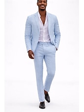 cheap Wedding Suits-Men's Linen Suits Beach Wedding White Sky Blue Spring &amp; Summer Suit Notch Lapel Formal Solid Colored Slim Fit 2 Piece Single Breasted Two-buttons