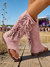 tanie Kobiety-Damskie czarne zamszowe sandały z frędzlami - boho, płaskie, letnie botki z odkrytymi palcami, frędzlami i paskiem z klamrą, idealne na festiwale muzyczne i koncerty rockowe &amp;wydarzenia w stylu