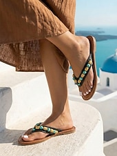 preiswerte Rutschsandalen-Schwarze Boho-Flip-Flops mit Perlenbesatz für Damen – bequeme flache Sandalen mit türkisfarbenen Akzenten &amp;Akzente aus Holzperlen für Inselurlaube, Santorini-Urlaube &amp;Strandspaziergänge