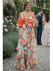 baratos Casamento Casual / Durante o Dia-Linha A Cauda Corte Vestidos de festa Floral vestido voador Manga Longa Decote V Festa de Jardim Convidado do casamento Polyester com Estampado Com tiras
