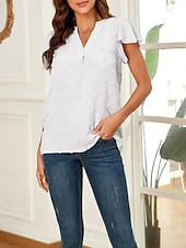 abordables T-shirt uni-Femmes Chemisier A Volants Couleur Unie Élégant Occasionnel Manche Courte Col en V Hauts Réguliers Quotidien Bleu Noir Blanche Rose Claire Fuchsia Été Printemps