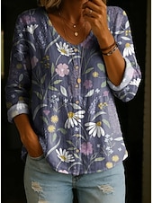 cheap Floral Blouses-Women's Blouse Buttons Print Floral Graphic Elegant Vacation Vintage Long Sleeve Crew Neck Regular Tops Daily Yellow Pink Purple Fuchsia Orange Summer Spring Fall