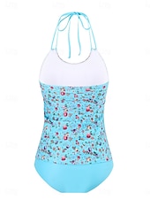 preiswerte Tankinis-Damen Badeanzug Tankini Zweiteilig Freche Unterhose Bademode Bauchkontrolle Hohe Taille Schlank Rückenfrei Urlaub Strandbekleidung Blumen U-Ausschnitt Ärmellos Badeanzüge