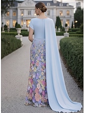  A-Line Sheath Column Floor Length Ball Gown with Cape Evening Gown Ball Gown Formal Dress Elegant Vintage Floral Short Sleeve Crew Neck Wedding Formal Stretch Fabric Cowl Back with Floral Print