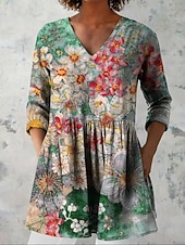  Damen Bluse Druck Blumen Urlaub Täglich Lässig Dreiviertelarm V Ausschnitt Normale Oberteile Täglich Ferien Ausgehen Blau Königsblau Purpur Grün Sommer Frühling Herbst