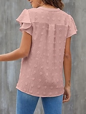 abordables T-shirt uni-Femmes Chemisier A Volants Couleur Unie Élégant Occasionnel Manche Courte Col en V Hauts Réguliers Quotidien Bleu Noir Blanche Rose Claire Fuchsia Été Printemps