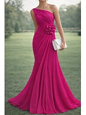 economico Abiti da Sera a Linea A-Linea ad A Lunghezza al pavimento Abito da Sera Da principessa Elegante Madre della sposa Senza Maniche Monospalla Matrimonio Formale Chiffon con Fiore ricamato Pieghe Arricciato