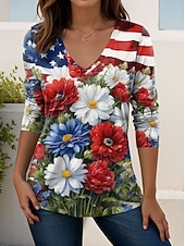  día de la independencia americana Mujer Camiseta Estampado Graphic Bandera estadounidense Vintage Elegante Clásico Manga Larga Escote en Pico Tops regulares Diario Fin de semana Negro Blanco Rojo