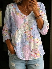 economico Bluse Floreali-Per donna Blusa Bottoni Stampato Floreale Elegante Vacanza Casual Manica Lunga Girocollo Top Regolari Quotidiano Blu Bianco Rosa Viola Verde Estate Primavera Autunno