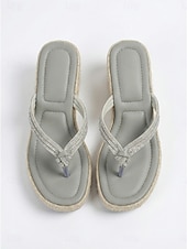 tanie Sandały na koturnie-Eleganckie, jasnoszare sandały damskie na koturnie – błyszczące paski z kryształkami i plecioną platformą espadryli, idealne na imprezy plenerowe i przyjęcia w tropikalnym ogrodzie &amp;wakacje letnie