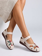 olcso Női lapos sarkú cipők-női bézs színű, valódi bőr Mary Jane szandál - vintage virágmintás, marhabőrből készült kényelmes cipő hétköznapi sétákhoz &amp;utazás