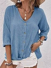 economico Bluse e camicie-Per donna Camicia Blusa Arricciato Bottoni Semplice Elegante Vacanza Vintage Manica Lunga Scollo a V Top Regolari Quotidiano Ferie Uscire Blu Rosa Verde Cachi Estate Primavera