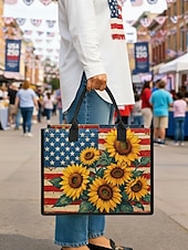  תיק נשיאה פוליאסטר לנשים עם קיבולת גדולה וכיס עם רוכסן, עיצוב פטריוטי של חמניות ודגל אמריקאי, מושלם ליום השנה ה-250, יום העצמאות ולשימוש יומיומי יומיומי