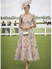 billige Ankellengde-A-linje Kjoler Ankellengde Cocktail Kjole Gjestekjole til bryllup Kjole til brudens mor Halvlange ermer V-hals Elegant Fritid Formell Bryllupsgjest Kentucky Derby Chiffon Tyll med Blomstertrykk