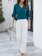 economico Bluse Eleganti-Per donna Camicia Blusa Top in chiffon Volant Semplice Elegante Classico Moderno Manica 3/4 Scollo a V Top Regolari Quotidiano Ferie Uscire Nero Bianco Verde Azzurro Estate Primavera