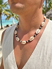 billiga Herrsmycken-Herrhalsband med träpärlor och snäckor i bohemiskt material, smycken för strandsemester och vardagsaktiviteter, lätt justerbart tillbehör för resor och sommarkläder