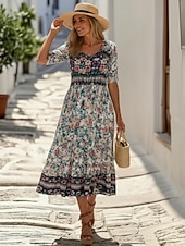 preiswerte Druck Blumen Kleider-Damen Midikleid Freizeitkleid A Linie Kleid Blumenkleid Elegant Mode Modern Outdoor Urlaub Ausgehen Normale Passform Blumen Halbarm V Ausschnitt Blau Rosa Königsblau Dunkelgrün Sommer Frühling