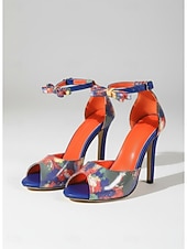 baratos Women-Women's Blue Floral Print High Heel Sandals with Ankle Strap – Open Toe Stiletto Dress Shoes for Evening Resort, Cocktail Party and Vacation Dinner