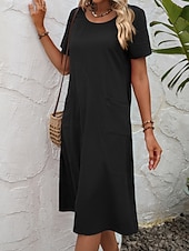 cheap Plain Dress-Women's Midi  Faux Cotton Linen  Dress A Line Dress Summer Dress Casual Daily Loose Fit Plain Short Sleeve Crew Neck Black Orange Army Green Apricot Summer
