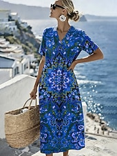 cheap Boho Dress-Women's Midi Dress Shift Dress Sundress Vacation Casual Beach Daily Going out Regular Fit Graphic Geometric Short Sleeve V Neck Blue Red Purple Green Summer Spring