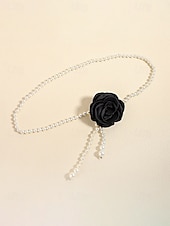 abordables Boda ACC-Collar de cadena para la cintura con perlas de imitación de camelia para mujer en blanco y negro, joyería elegante y versátil para bodas, fiestas nocturnas, para ir al trabajo y ocasiones formales.