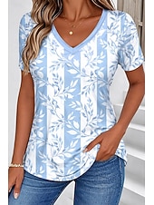 baratos Camiseta floral-Mulheres Camiseta Imprimir Floral Gráfico Plantas à moda Clássico Casual Manga Curta Decote V Tops regulares Diário Azul Rosa Verde Verão Primavera
