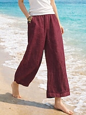 cheap Bottoms-Women's Cotton Linen Pants Wide Leg Chinos Summer Pants Basic Casual Ankle-Length High Waist Plain Pocket Elastic Waistband Comfy Soft Comfortable Stretchy Outdoor Vacation Street Wine Summer Spring