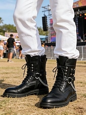 abordables Hombres-Botas de combate marrones para hombre con cordones, cremallera lateral y detalle de cadena. Botines para festivales de música, conciertos, eventos al aire libre, estilo urbano, fiestas y un estilo robusto y llamativo.