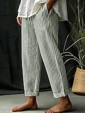 baratos Calças de Luxo-Mulheres Calças de linho de algodão Calça verão Calças de praia Clássico Casual Longas Cintura Alta Listra Bolsos Estampado Design de cordão elástico Respirabilidade Macio Micro-Elástica Férias Rua