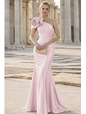 economico Abiti da Sera Sirena-Sirena Tromba Lunghezza al pavimento Abito da Sera Elegante Senza Maniche Monospalla Matrimonio Formale Raso Elasticizzato con Fiori 3D
