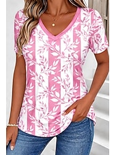 baratos Camiseta floral-Mulheres Camiseta Imprimir Floral Gráfico Plantas à moda Clássico Casual Manga Curta Decote V Tops regulares Diário Azul Rosa Verde Verão Primavera