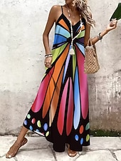 economico Arte &amp; Design Abiti-Per donna Abito maxi Vestito Estivo Abito a trapezio Abito Sottoveste Vacanza Casual Spiaggia Uscire Vestibilità regolare Grafico Blocco di colori Senza Maniche Scollo a V Nero Estate Primavera