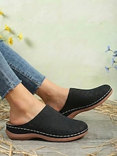baratos Socas &amp; Mules de mulher-Mules femininas perfuradas, estilo slip-on – sapatos brancos em couro sintético com salto confortável para uso diário, passeios casuais e um estilo descontraído de verão.