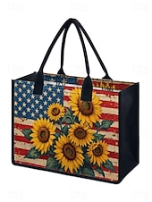  תיק נשיאה פוליאסטר לנשים עם קיבולת גדולה וכיס עם רוכסן, עיצוב פטריוטי של חמניות ודגל אמריקאי, מושלם ליום השנה ה-250, יום העצמאות ולשימוש יומיומי יומיומי